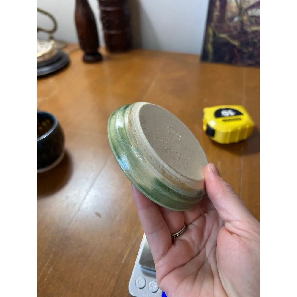 Studio Pottery Handmade Ceramic Ring Holder Dish Sage Green Glazed Signed SP